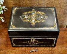 ANTIQUE PAPIER MACHE Black Lacquer STATIONERY/LETTER BOX Inlaid MOTHER OF PEARL