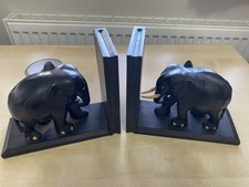 Vintage Carved Pair Wooden Ebony? Elephant Bookends 1 w Tusks  15cm H 18cm W