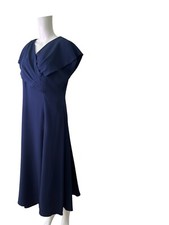 IQ Fit Flare Dress Size 14 Womens EU42 Navy Blue Smart V-neck Sleeveless Midi