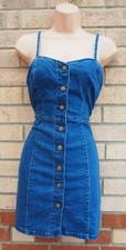 PRIMARK BLUE DENIM JEANS ALL BUTTONED STRAPPY A LINE BODYCON MINI DRESS 8 S