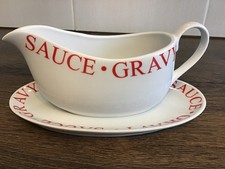WATERSIDE FINE CHINA GRAVY BOAT AND UNDER PLATE WHITE/RED QUALITY