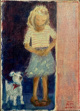 Helen Herbert girl with dog oil miniature painting on canvas