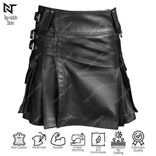 Real Cow Leather Kilt Scottish Pleated Flat Front Twin Cargo Pocket LARP LGBTQ
