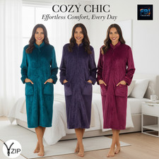 ladies dressing gown robe fleece zip up tradional nightwear  embossed