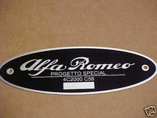 Alfa Romeo Progetto Special 4C2000-C58 Data Plate Acid Etched Aluminum
