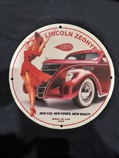 LINCOLN ZEPHYR V12 PINUP GIRL PORCELAIN GAS OIL GARAGE SERVICE PUMP PLATE SIGN