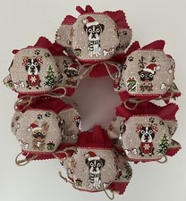 6 Festive stitched dog fabric jam jar covers/jam toppers with labels bands ties