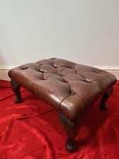 Vintage Red Leather Chesterfield Footstool Set Upon Mahogany Queen Anne Legs