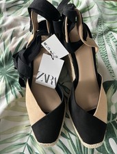 Zara Black Beige Espadrille Wedges Sandals Ankle Ties Size 6 New