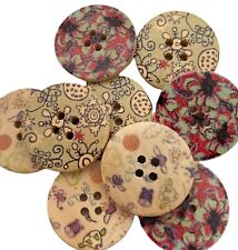 9 large round wooden buttons 25mm 3 each of 3 designs, 4 holes