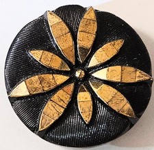 Vintage Pressed Black Glass Button with Gold Floral Design – 35mm