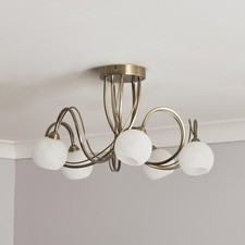 Satin Brass Ceiling Light Acacia Glass 5 Light Flush Lounge Kitchen Dining Room