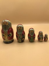 5 Russian Wooden Santa Graduating Nesting Dolls Hand painted Signed Christmas