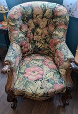 Antique French Carved Rosewood Library Armchair Floral Embroidered Upholstery