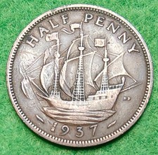 1937 George VI Half-Penny British Coin. See photos for condition.
