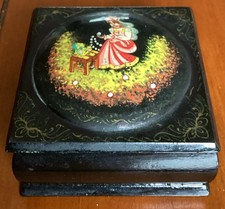 Vintage Box Black Lacquered Russian Hand Painted Palech