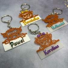 Personalised Highland Cow Keyring Custom Name Customised Unique Gift For Him Her