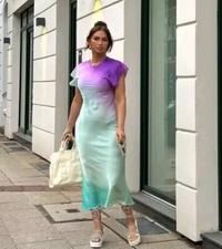 ZARA Mint Green Purple Satin Tie Dye Midi Maxi Dress - Size S - 2737/353