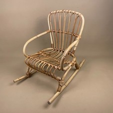 Vintage Childs Wooden Chair Teddy Seat Woven Rush Seat Farmhouse Bamboo Rocking