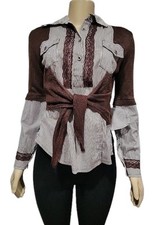 Zone Bleue Long Sleeve FITS S/M Brown Striped Women's Blouse Tie Front #C