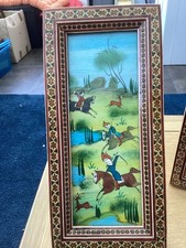 Persian Miniature Painting Of Hunting a Scene Khatami Inlay Marquetry Frame #K11