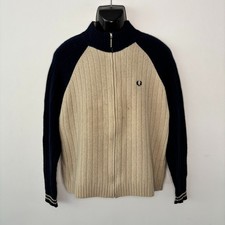 Fred Perry Pure Wool Cardigan Jacket Full Zip Size XL Beige Navy Blue Winter