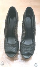 NICOLE FARHI Black Leather Wedge Heel Shoe Size EU 41 ~ Peep Toe