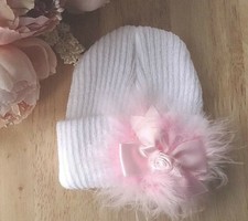 Baby Knitted Hat Rosette Bow Marabou Feather White Pink Pull On Beanie Newborn