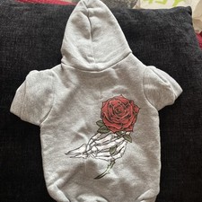 Barkeela Dog Hoodie Rose & Skeleton Hand Design 21cm length Fleece Lined Grey