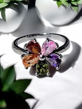925 Sterling Silver Multi Colours Gemstone Flower Ring