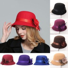 Vintage Women Imitation Wool Flower Felt Hat Ladies Winter Cloche Bucket Cap