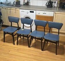 Set of 4 Vintage Wooden Kitchen Dining Chairs 1950s Covered Seats blue Vinyl
