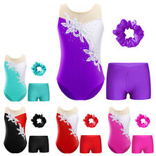 UK Kids Girls Sleeveless Gymnastics Ballet Dance Leotard Shorts Hairband Outfits
