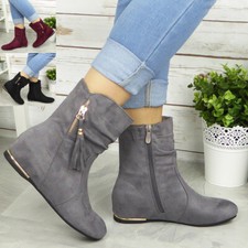 Ankle Boots Womens Ladies Mid Calf Pixie Tassle Hidden Wedge Casual Shoes Size