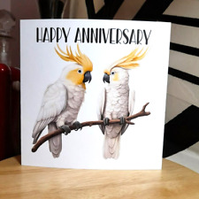 Happy Anniversary 2 Cockatoos Yellow crested birds on a branch Blank 14.4cm squ