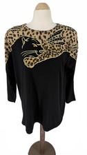 Vintage Frank Saul Black and Leopard Print Women's Long Sleeve Top