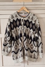 Vintage C&A Mohair Blend Cardigan Grey Black Geometric Knit Size 16/18