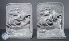 Antique Cast Metal Bookends Galleon Sailing Ships Battling Sea Nautical Design