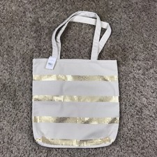 NWT Ann Taylor Loft Beige Gold Sequence Shopping Beach Stylish Tote Bag 14x14.5