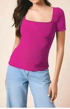 LADIES CAP SHORT SLEEVE WOMAN SQUARE NECK  PLAIN T-SHIRT  FITTED TEE TOP UK 8-26