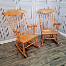 Pair 2 Retro Vintage Wooden Rocking Arm Chairs - Turned - Country Farmhouse