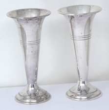 Pair Trumpet Form Vases Silver Plated Flared Rim Tapered Body Pedestal Base 13cm