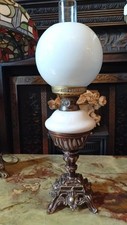 Art Nouveau BRASS BASE WHITE MILK GLASS FONT GLASS GLOBE PARLOUR OIL LAMP C1890