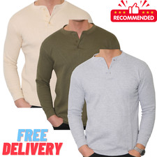Mens TShirt Long Sleeve Top Thermal Henley Grandad Cotton Rich Waffle Knit 2208A