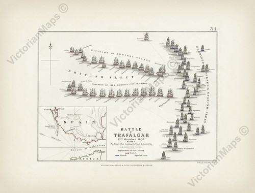Antique map trafalgar battle - map,