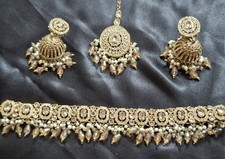 Indian Pearl Jewellery Set with earrings and tikka , Heavy indian choker set