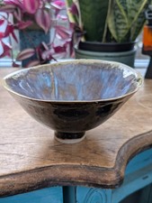 Signed Shino Glazed 16cm Studio Pottery sea scape blue Ceramic Bowl damage