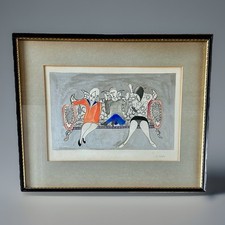 Original Vintage Outsider Quirky Art Picture Stylised 3 Figures On Chaise c.1969