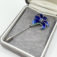 Vintage Silver Tone Cloisonné Enamel Lily Stick Pin Brooch Lapel Flower Floral