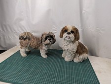 2x Resin SHIH TZU Dog Figurine, 11" Tall Approx Brown White Grey, Indoor Outdoor